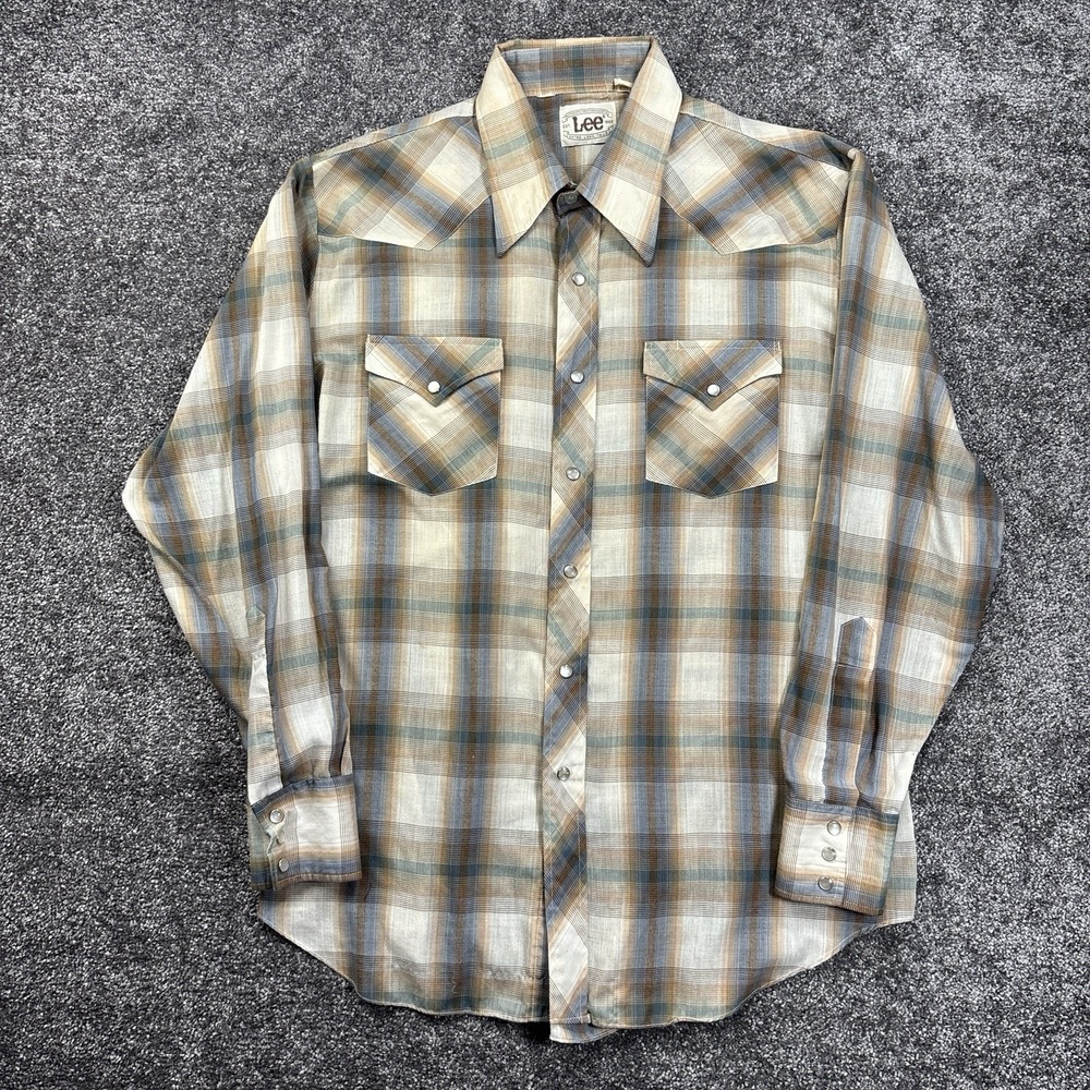 Vintage 70s Lee Pearl Snap Western Shirt Mens XL Extra Long Tails Shadow Plaid